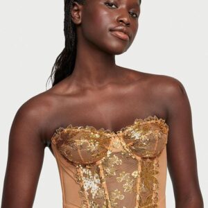 Victoria's Secret Gold Sequined Ziggy Floral Embroidery Unlined Corset Top