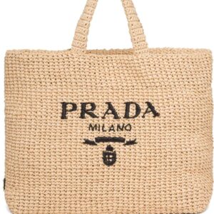 Prada logo-embroidered raffia tote bag
