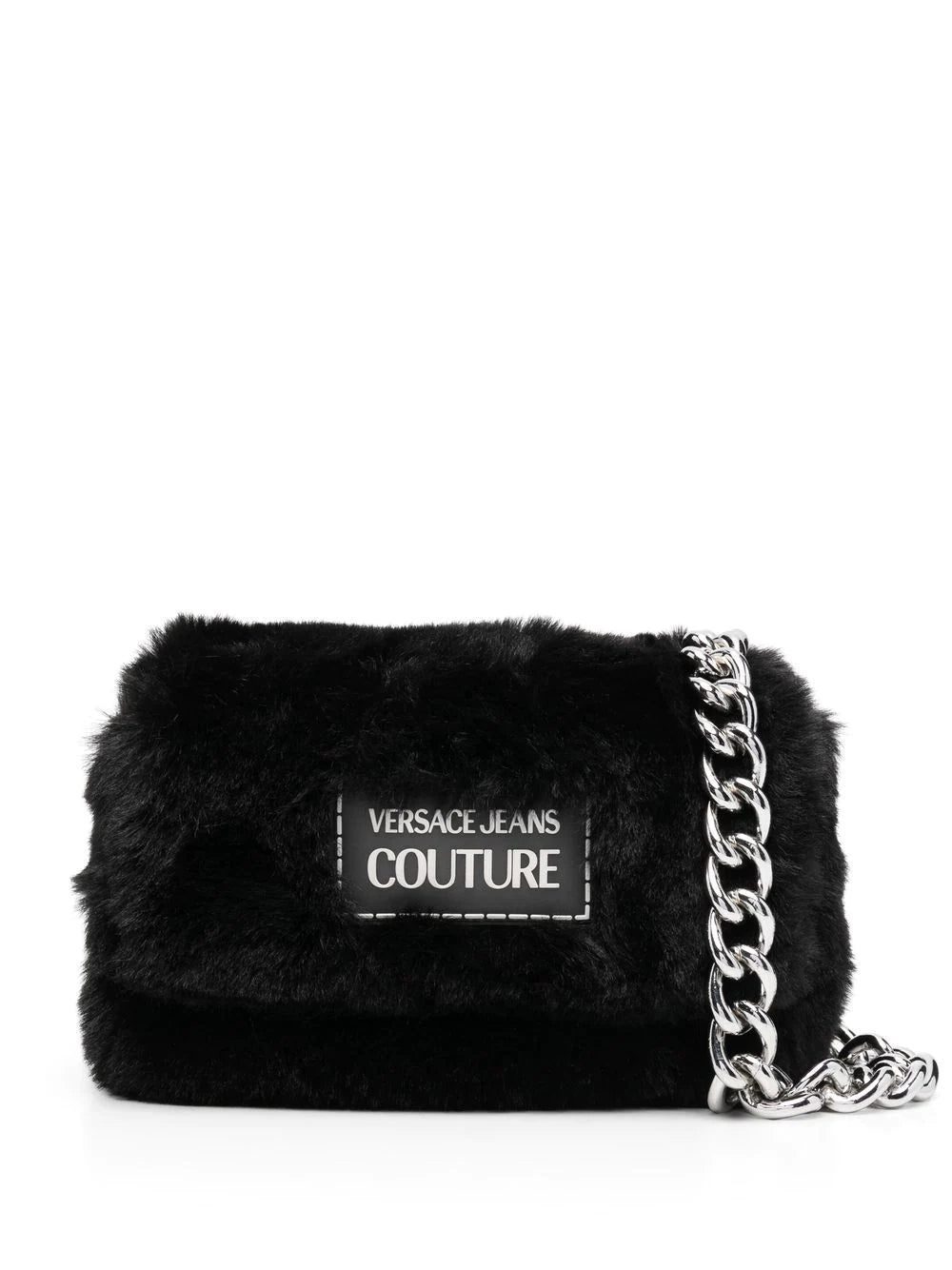 Versace logo plaque faux fur shoulder bag