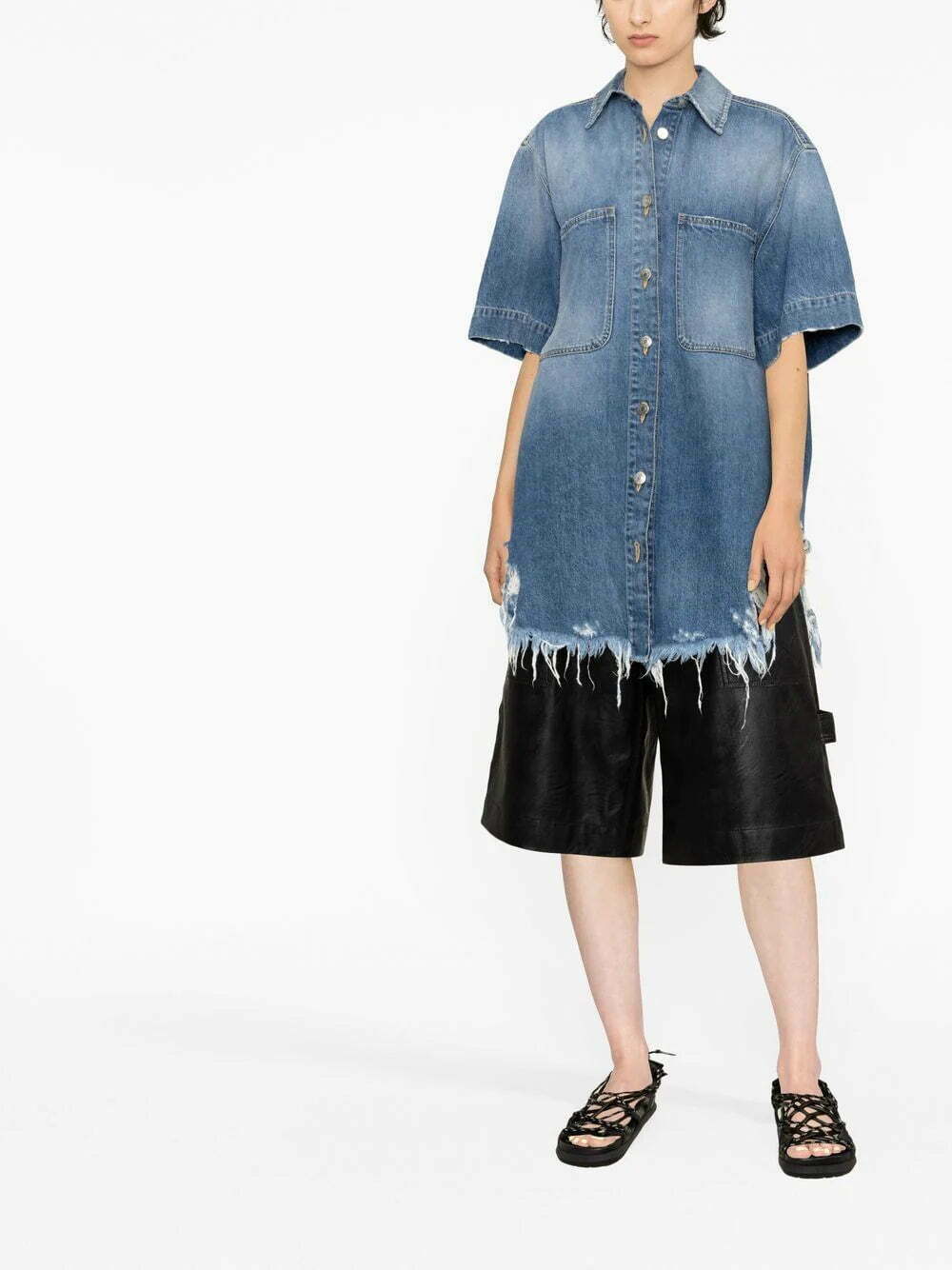 Stella McCartney ripped-hem short-sleeved denim shirt - Image 2