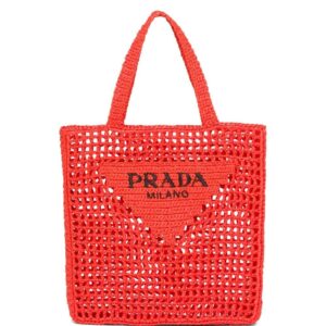 Prada triangle-logo crochet raffia tote bag