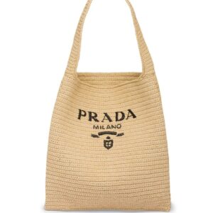 Prada logo-embroidered raffia tote bag