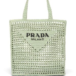 Prada triangle-logo crochet rafia tote bag