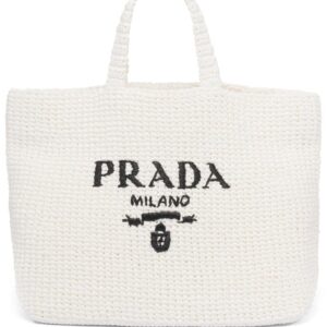 Prada logo-embroidered raffia tote bag