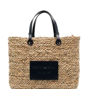 Emporio Armani logo-patch woven-raffia tote beg
