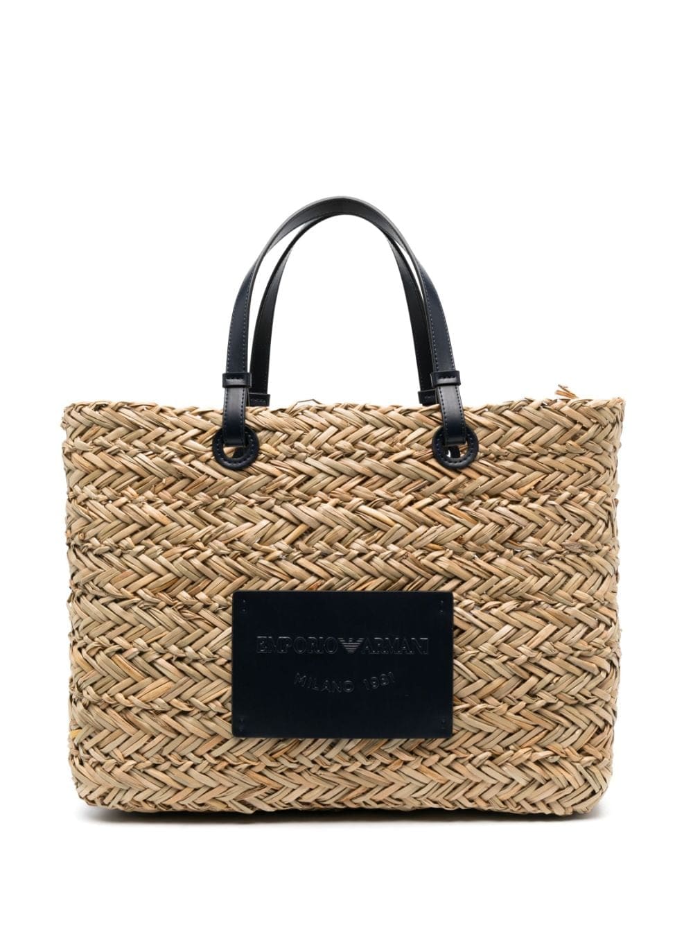 Emporio Armani logo-patch woven-raffia tote beg