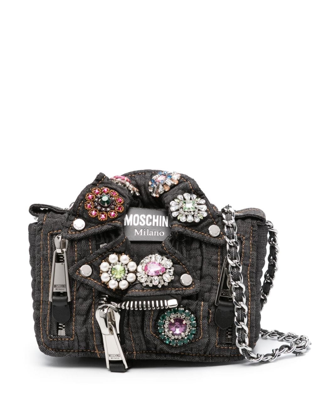 Moschino Jewels Denim Biker crossbody bag