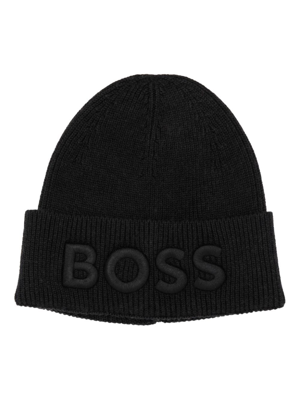 BOSS logo-embroidered fisherman's-knit beanie