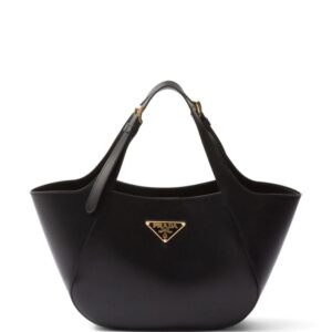 Prada medium enamel triangle logo leather tote bag