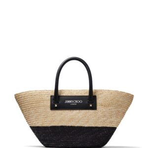 Jimmy Choo small logo-print raffia tote bag