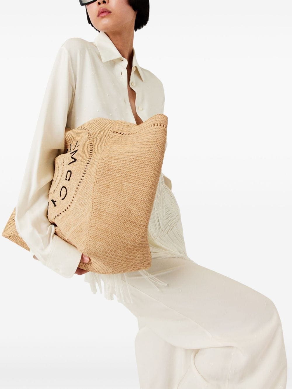 Stella McCartney embroidered-logo raffia tote bag - Image 3