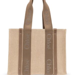 Chloé medium Woody logo-strap linen tote bag
