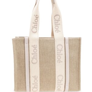 Chloé medium Woody logo-strap linen tote bag