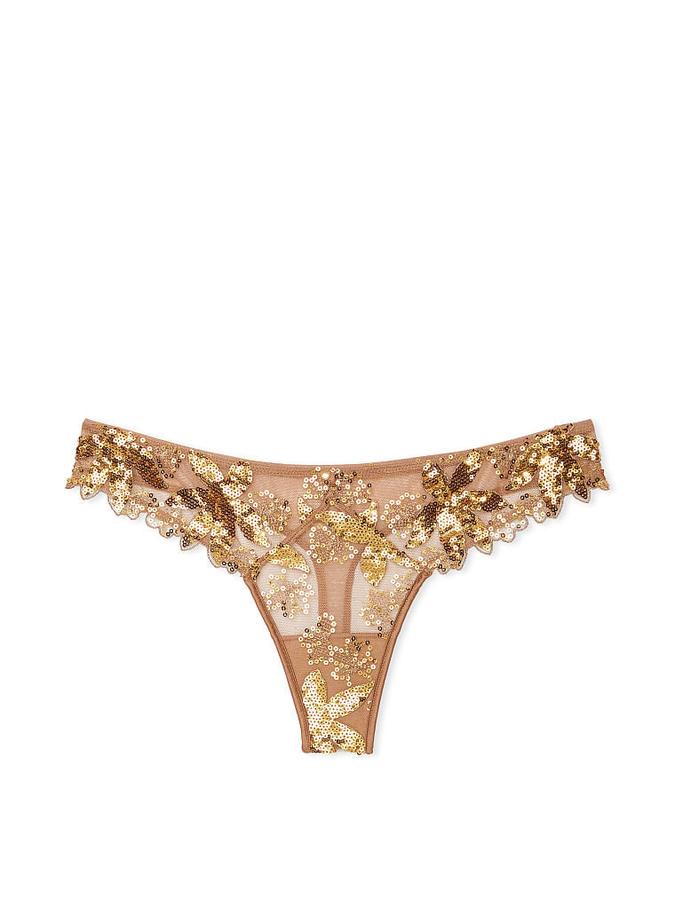 Victoria's Secret Gold Sequined Ziggy Floral Embroidery Thong Panty - Image 2