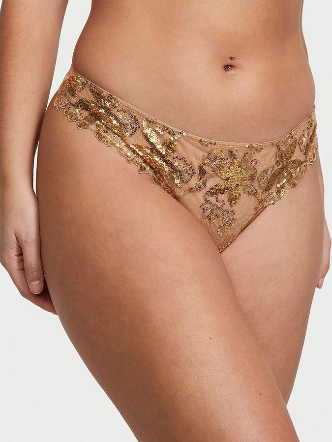 Victoria's Secret Gold Sequined Ziggy Floral Embroidery Thong Panty