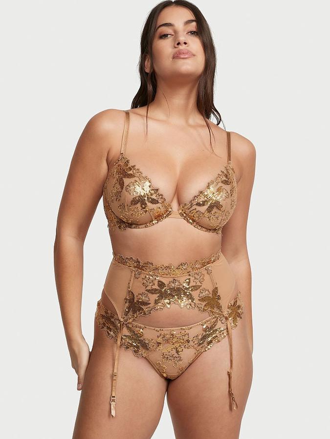 Victoria's Secret Gold Sequined Ziggy Floral Embroidery Thong Panty - Image 3