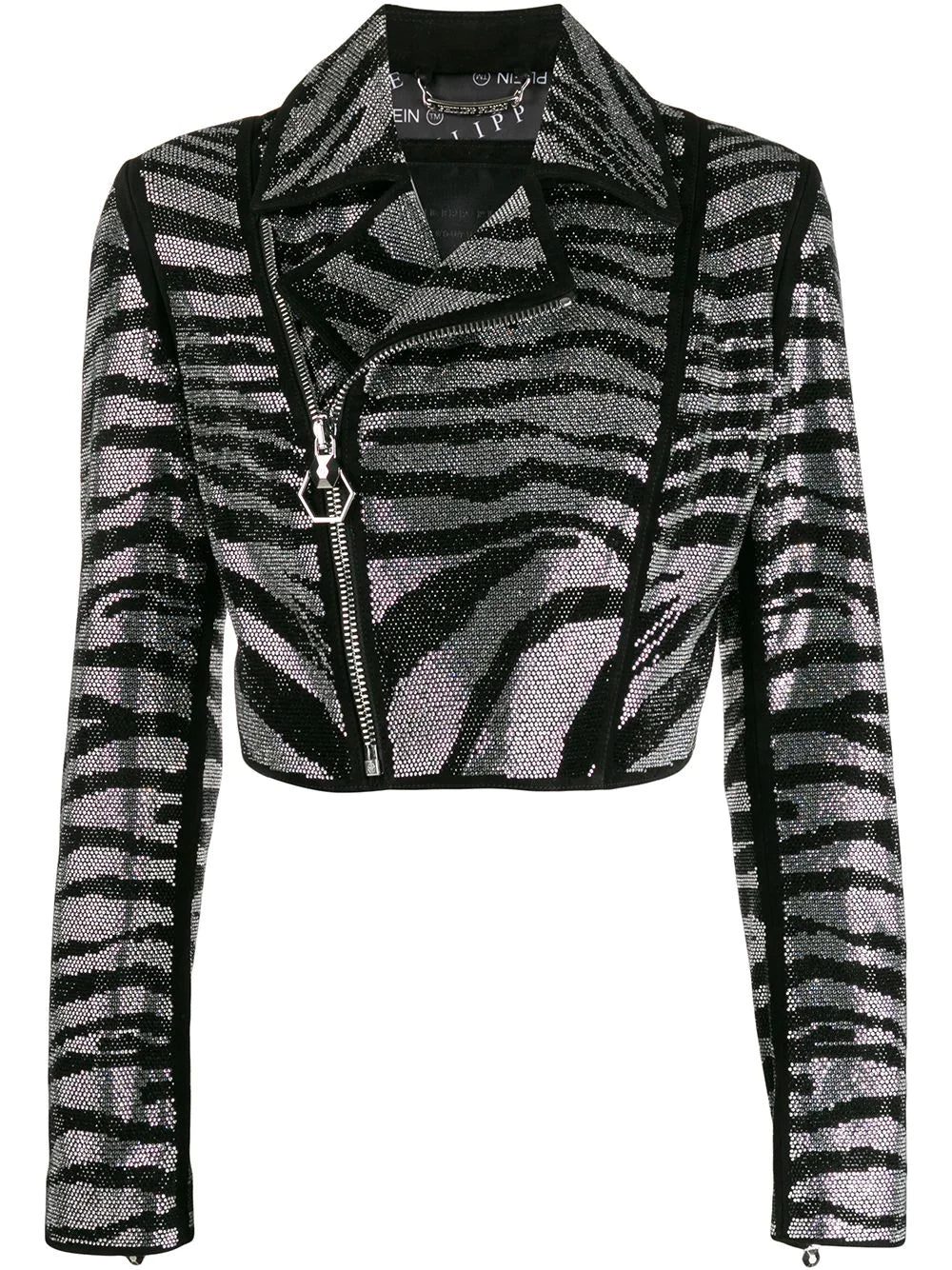 Philipp Plein zebra-pattern crystal biker jacket