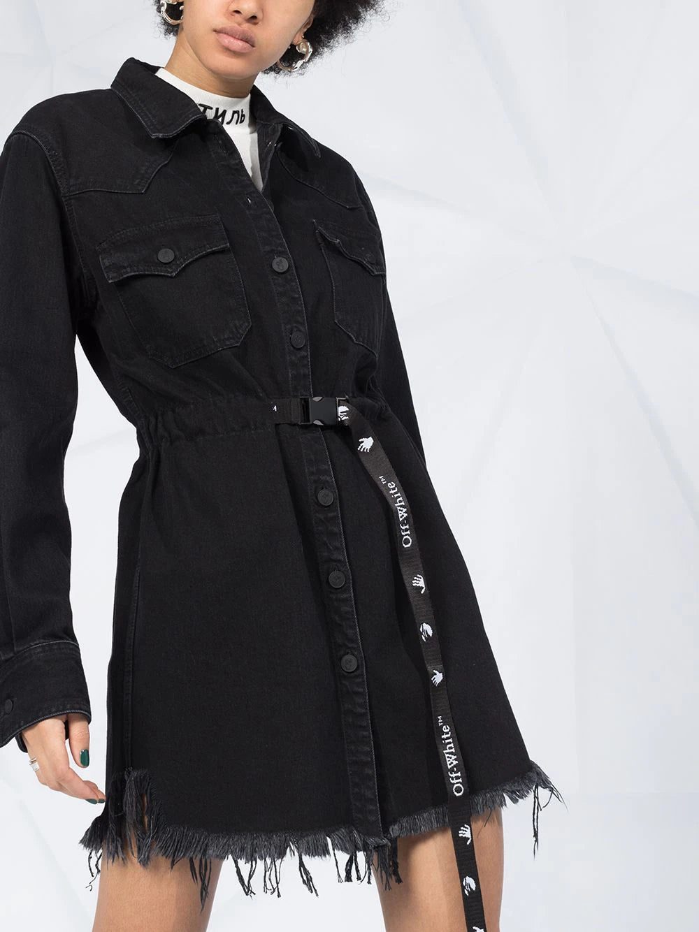 Off-White frayed Industrial belted denim dress - Image 3