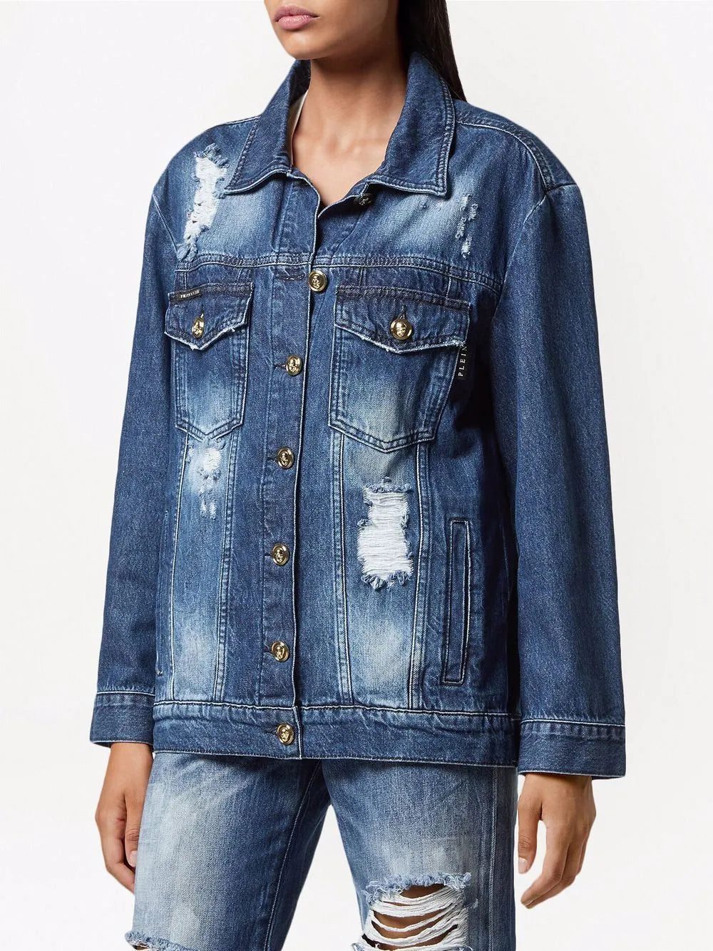 Philipp Plein distressed embossed-button denim jacket - Image 3