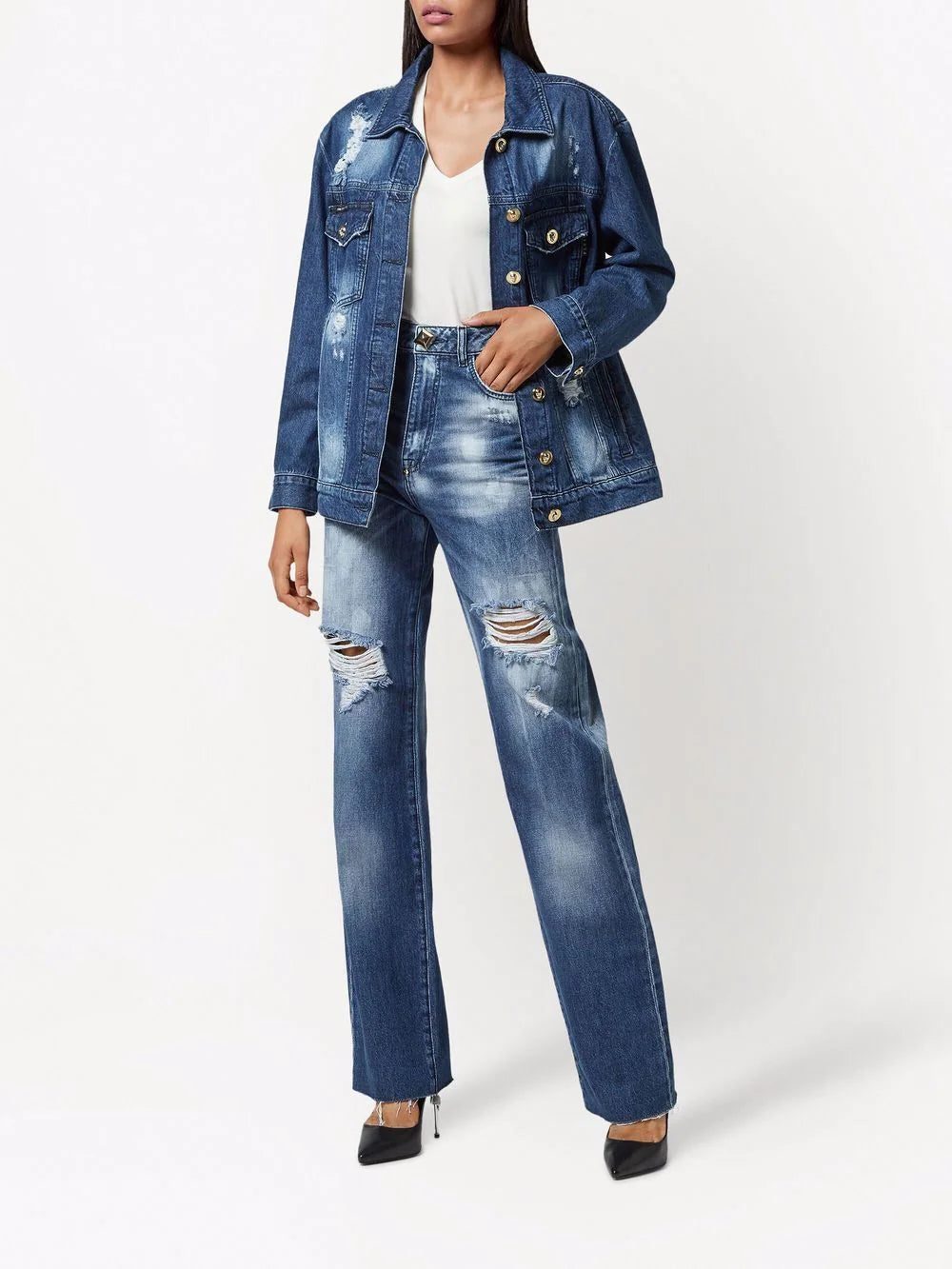 Philipp Plein distressed embossed-button denim jacket - Image 2