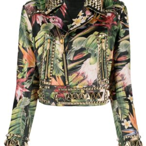 Philipp Plein  floral-print studded biker jacket