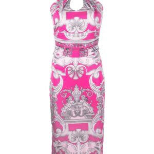 Versace  Silver Baroque-print halterneck midi dress