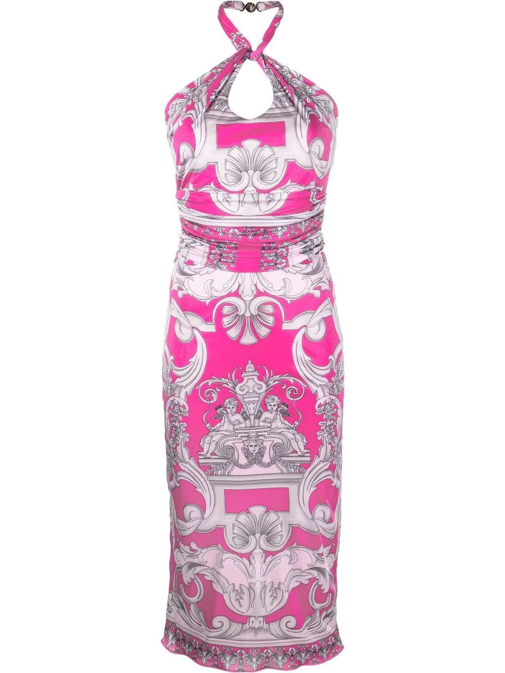 Versace Silver Baroque-print halterneck midi dress