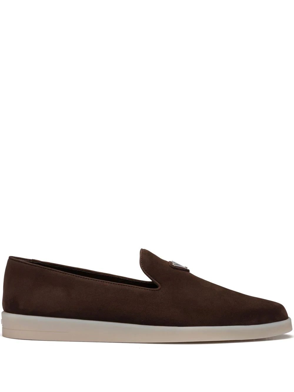 Prada triangle-patch suede loafers
