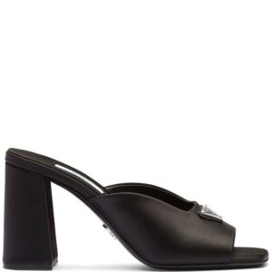 Prada enamel triangle logo 85mm high-heel satin slides