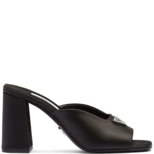 Prada  enamel triangle logo 85mm high-heel satin slides