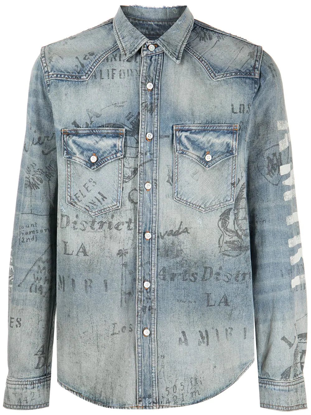 AMIRI distressed logo print denim shirt
