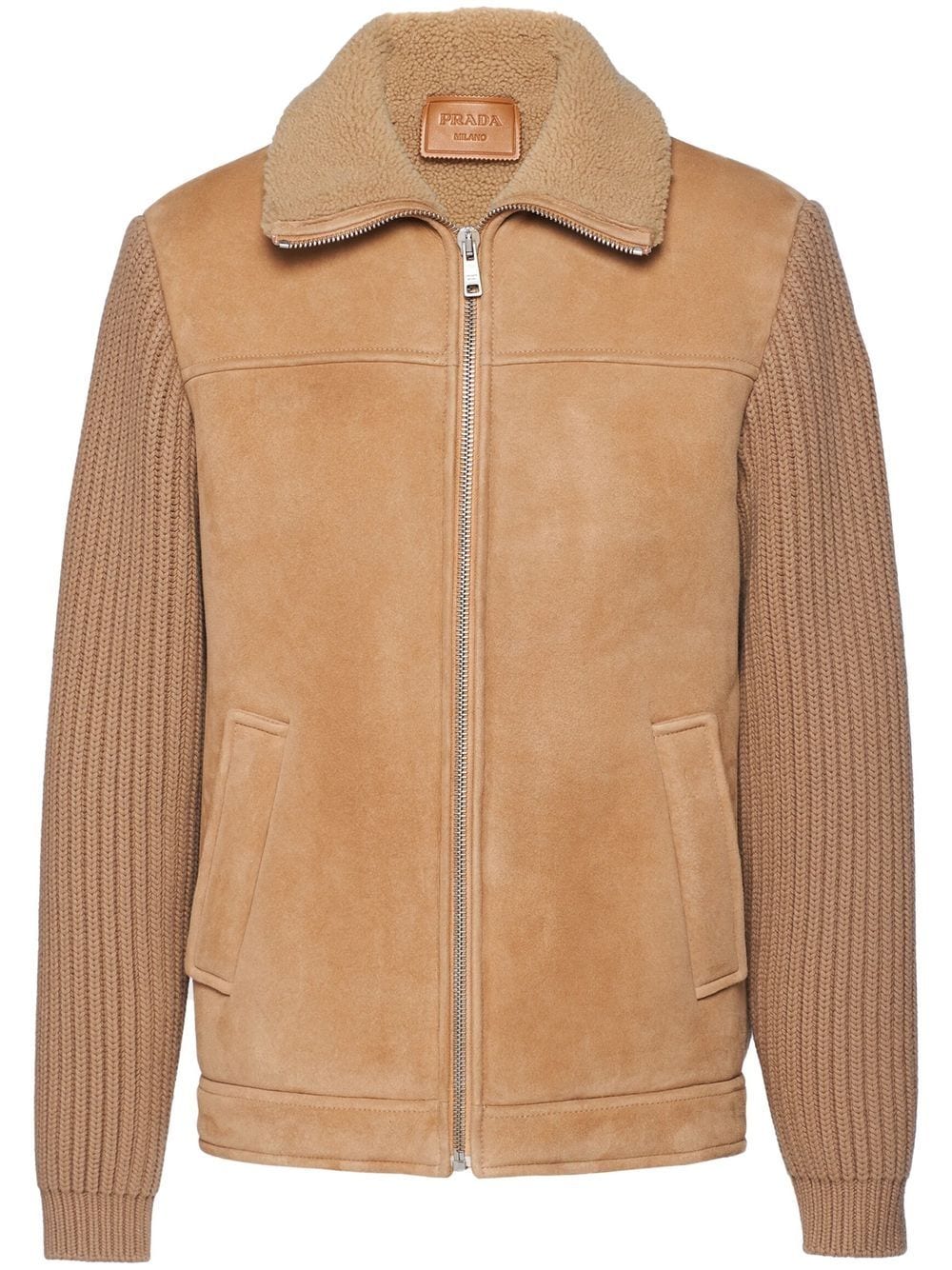 Prada logo-patch shearling zip-up jacket