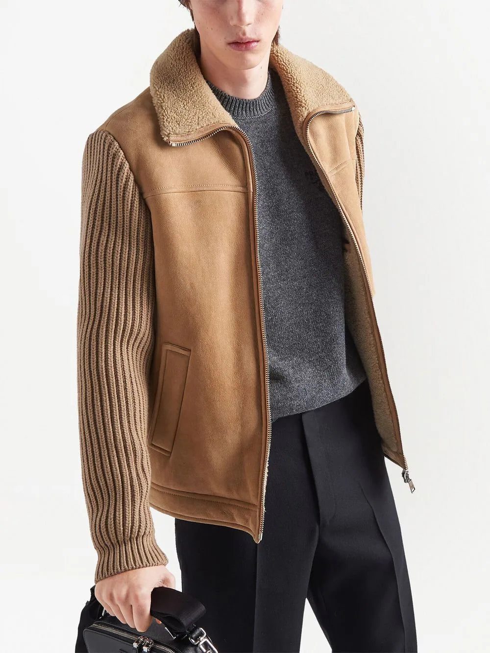 Prada logo-patch shearling zip-up jacket - Image 4