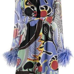 Moschino feather-trim psychedelic print dress