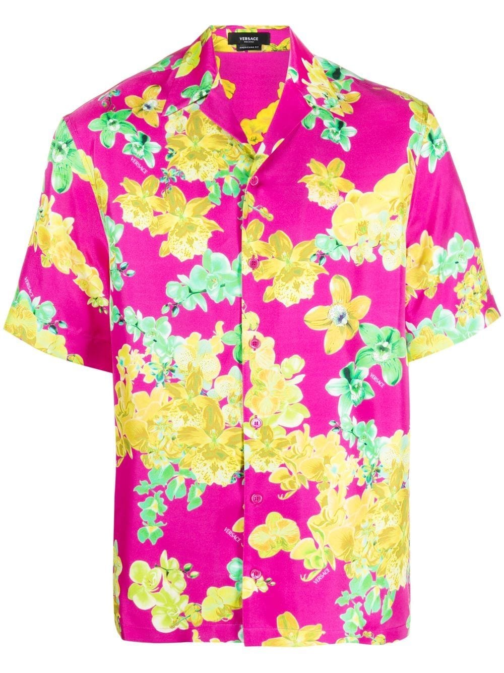 Versace orchid-print short-sleeve silk shirt