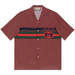 Gucci  Red Geometric Houndstooth Print Bowling Shirt