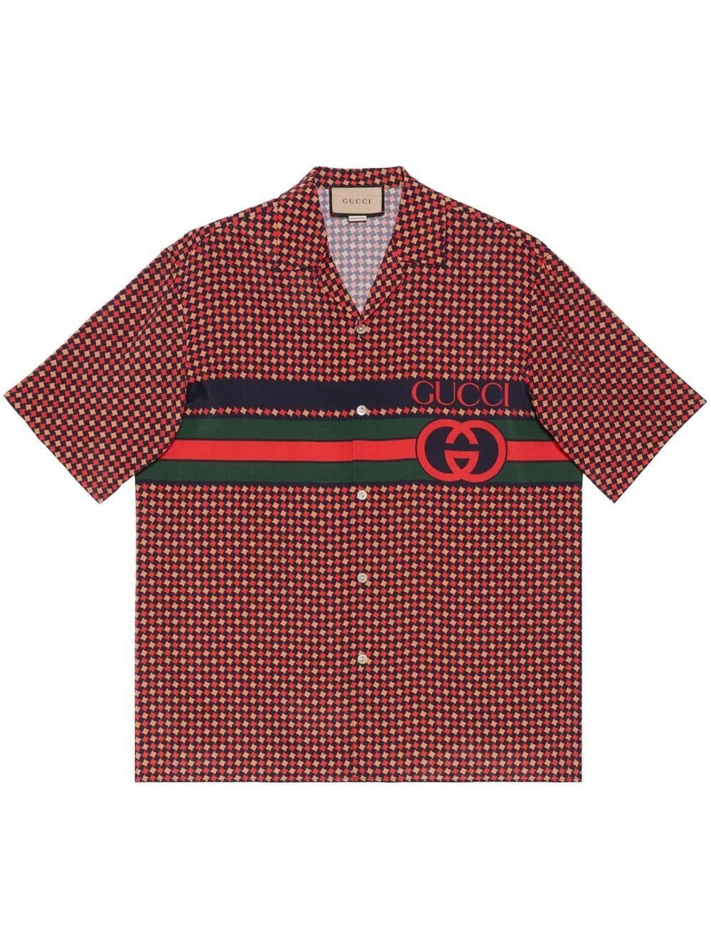 Gucci Red Geometric Houndstooth Print Bowling Shirt