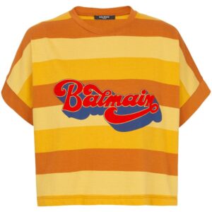 Balmain  logo-print striped cropped T-shirt