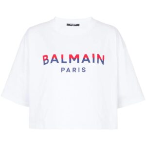 Balmain  flocked-logo cropped organic-cotton T-shirt