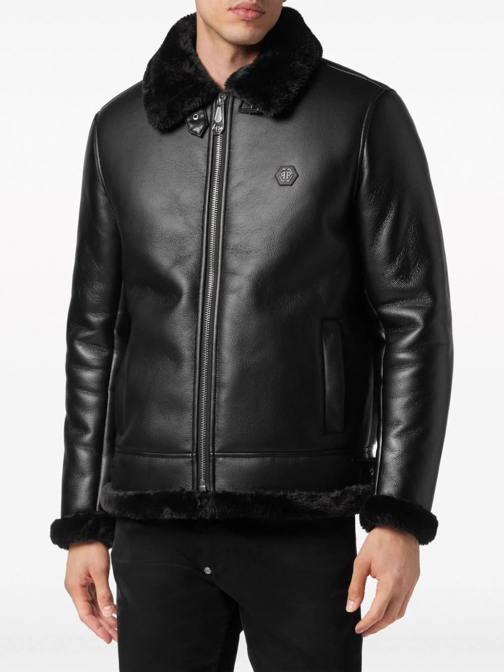 Philipp Plein logo-patch faux-leather bomber jacket - Image 3