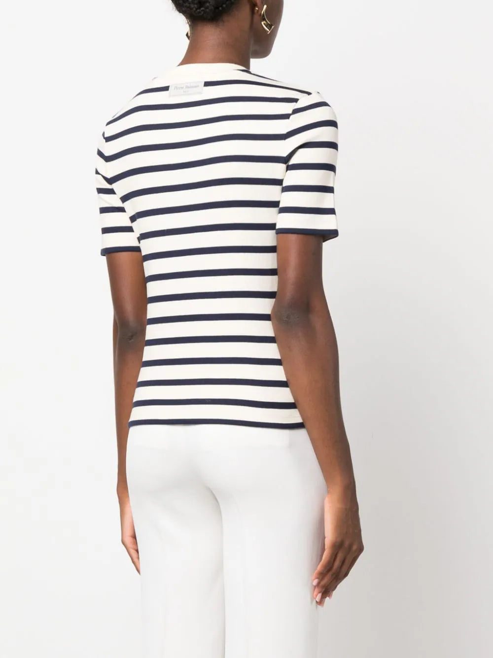 Balmain logo-patch ribbed-knit striped T-shirt - Image 4