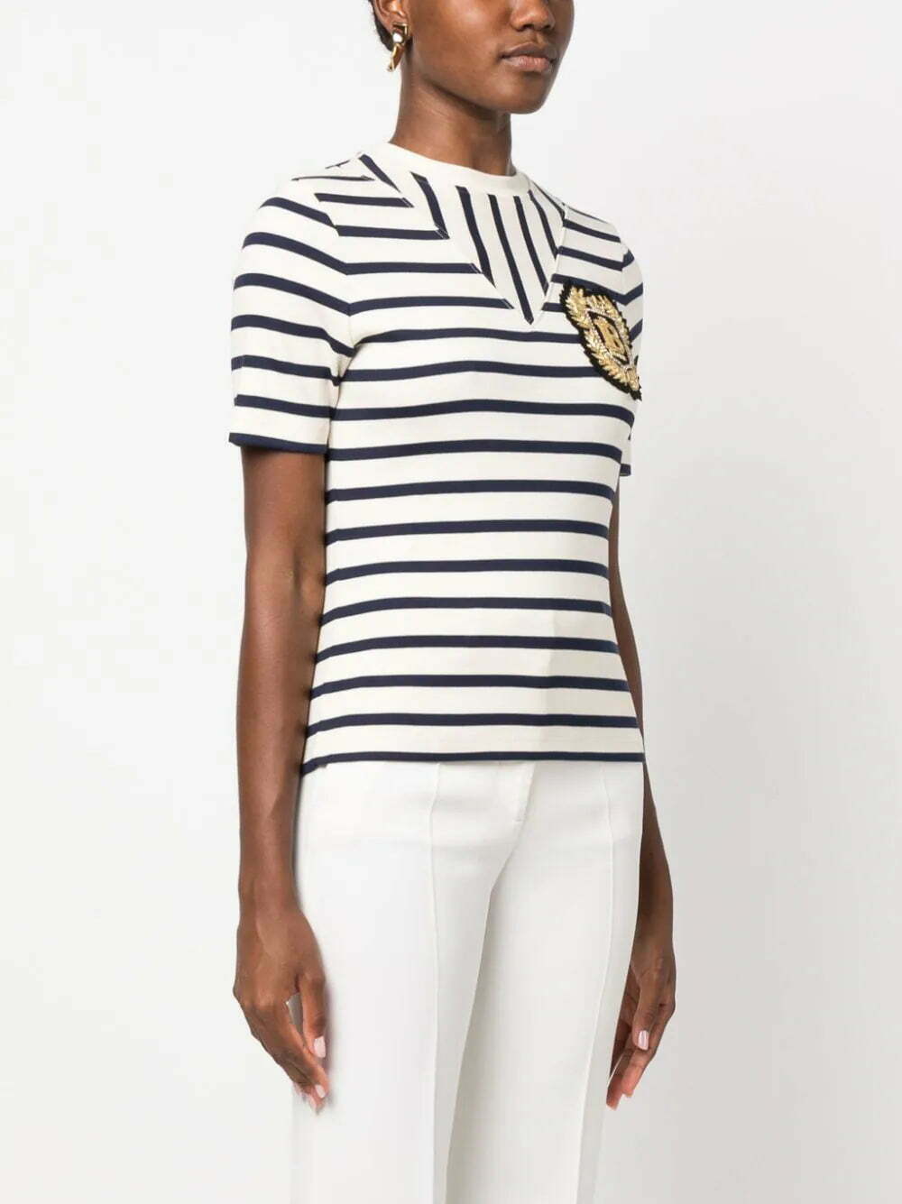 Balmain logo-patch ribbed-knit striped T-shirt - Image 3