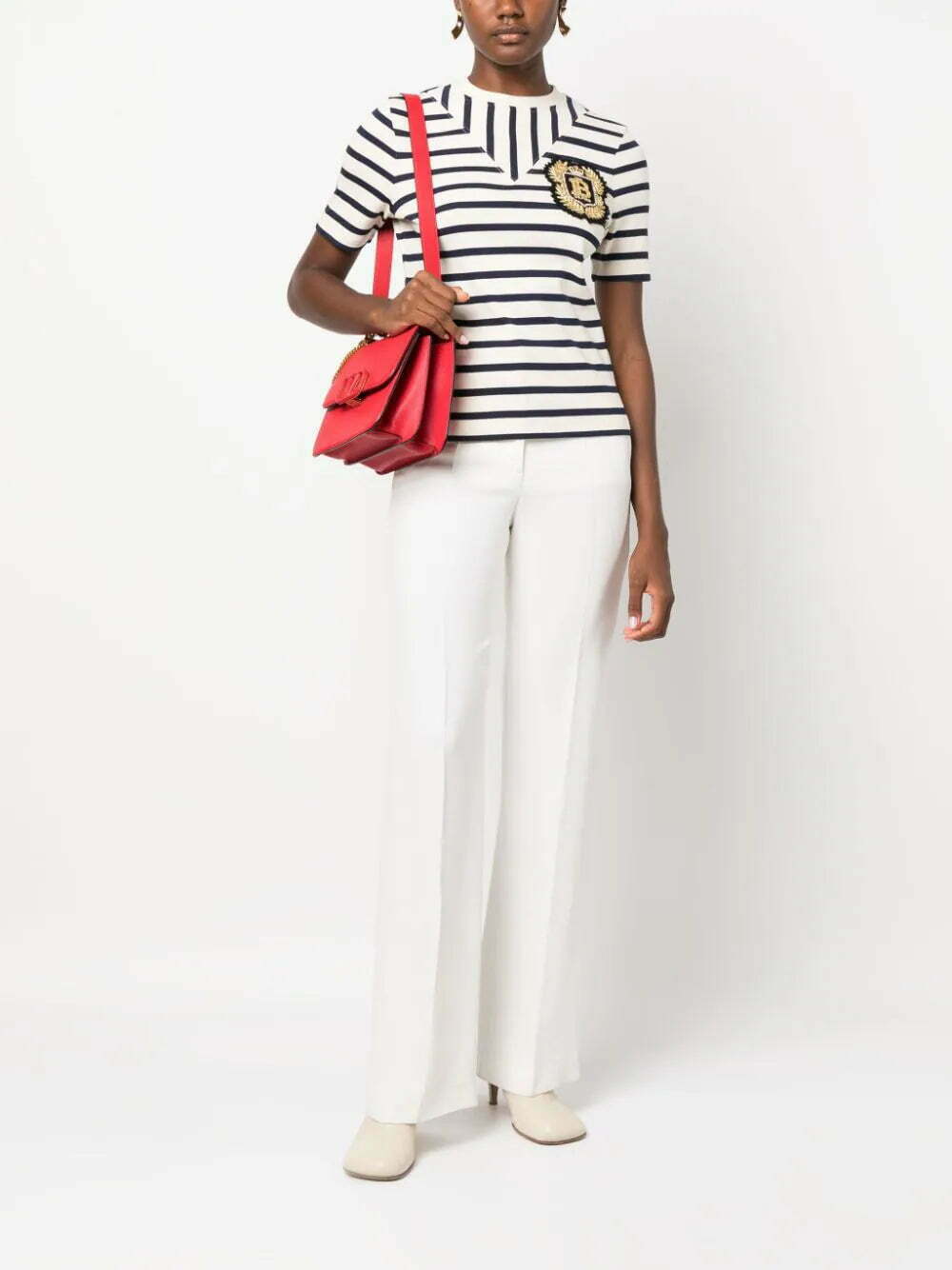 Balmain logo-patch ribbed-knit striped T-shirt - Image 2