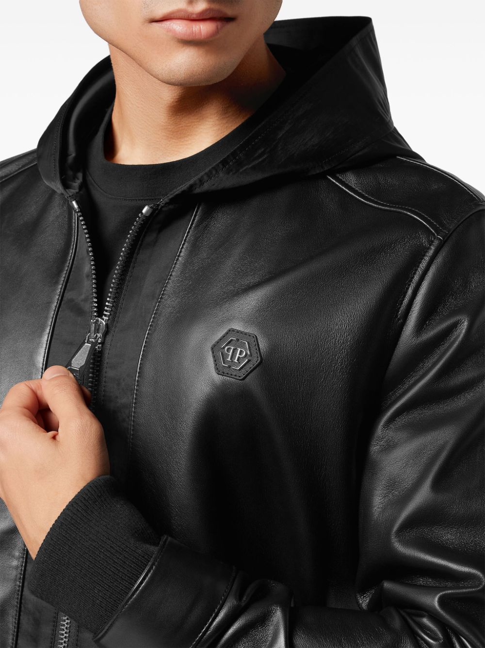 Philipp Plein leather and satin hooded bomber jacket - Image 4