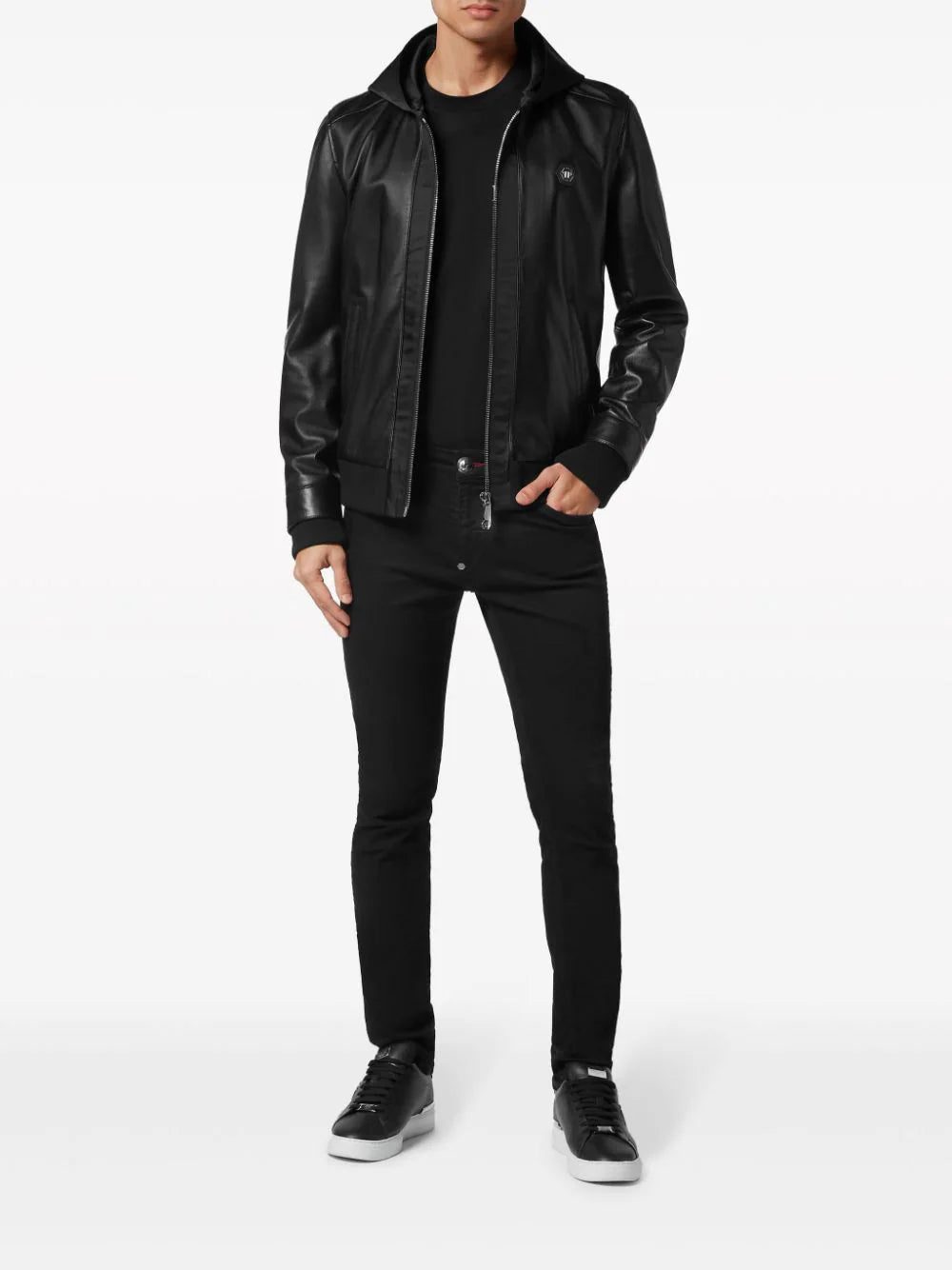 Philipp Plein leather and satin hooded bomber jacket - Image 2