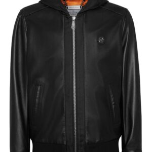 Philipp Plein leather and satin hooded bomber jacket