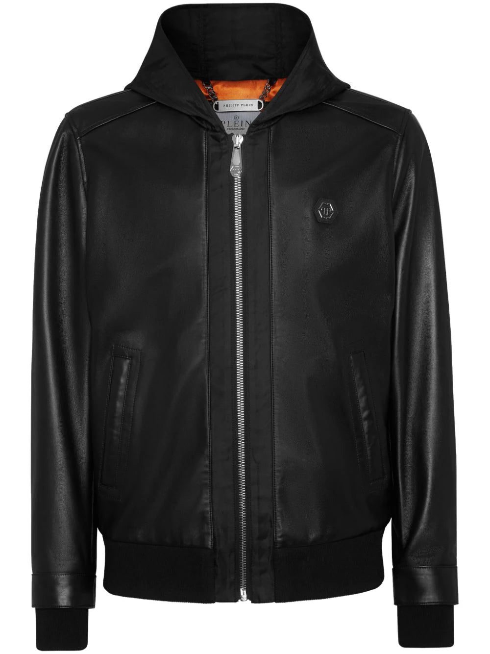 Philipp Plein leather and satin hooded bomber jacket