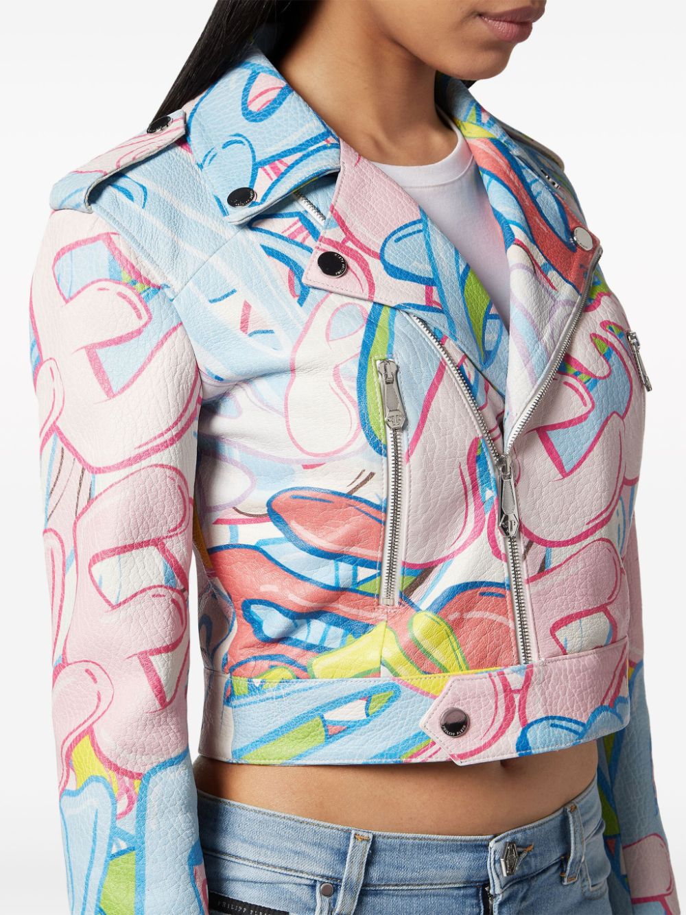 Philipp Plein graffiti-logo cropped leather biker jacket - Image 4