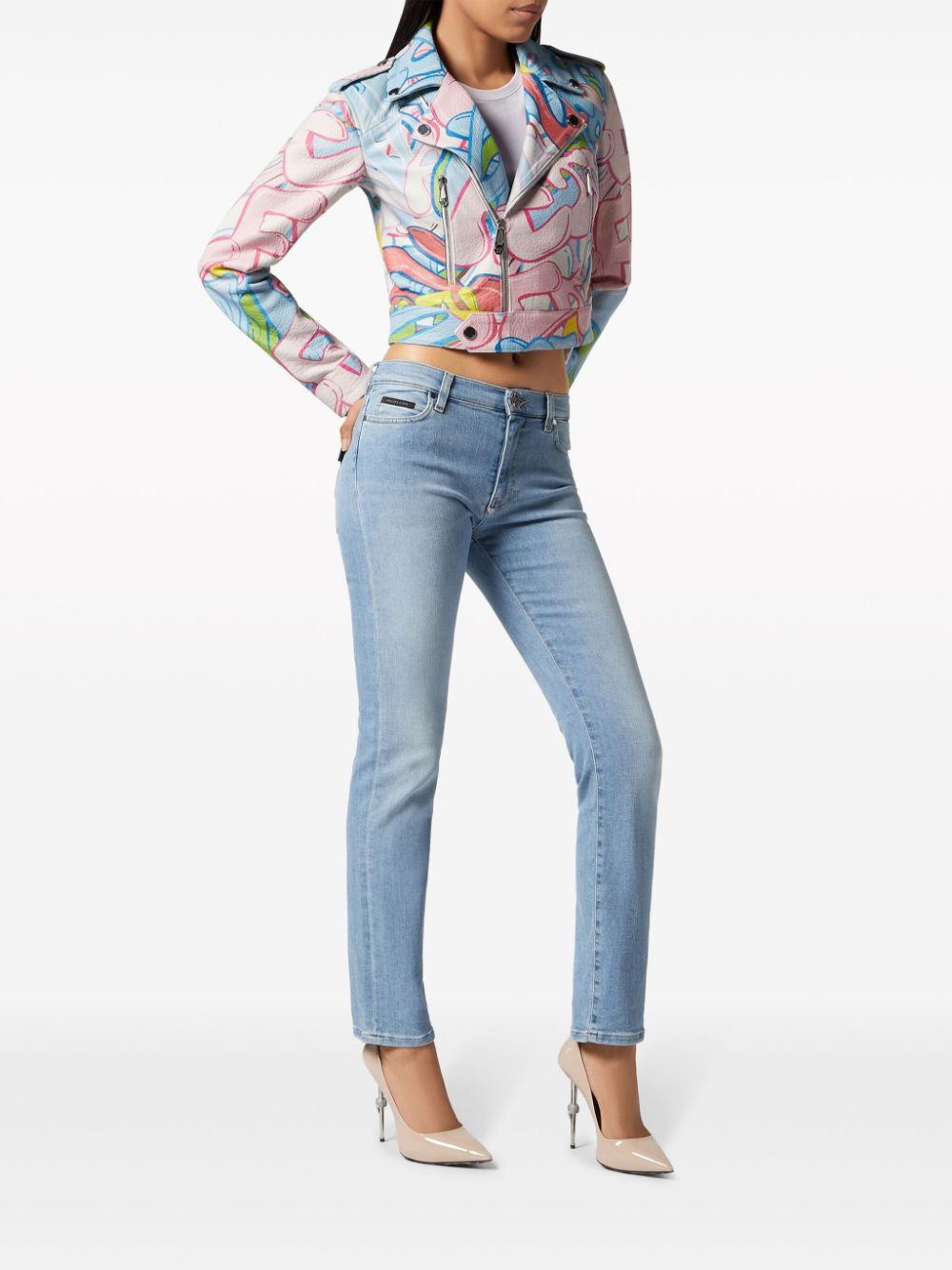 Philipp Plein graffiti-logo cropped leather biker jacket - Image 2