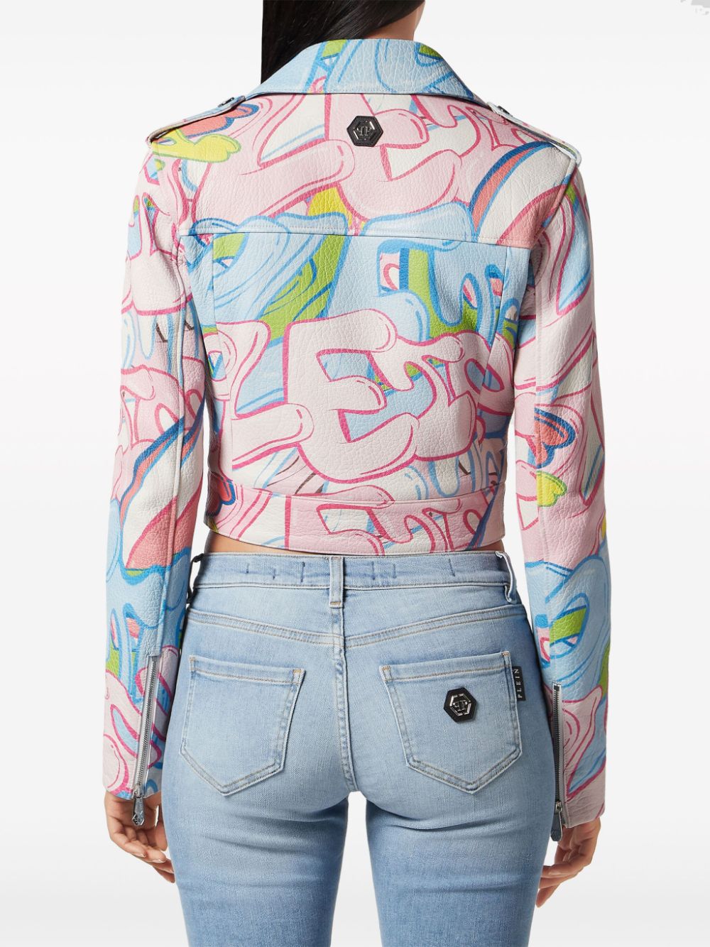 Philipp Plein graffiti-logo cropped leather biker jacket - Image 3